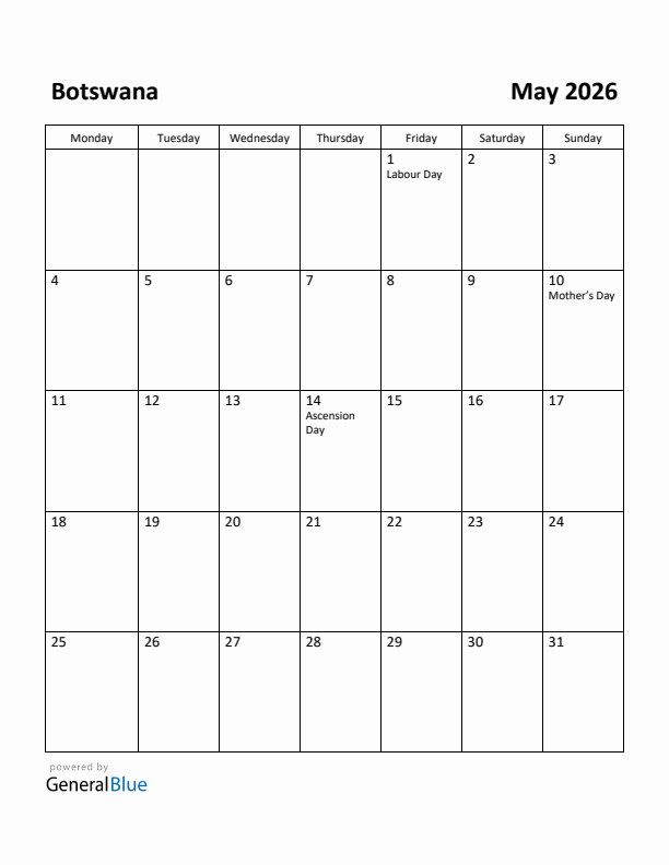 May 2026 Calendar with Botswana Holidays