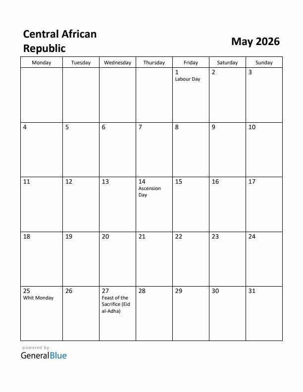 May 2026 Calendar with Central African Republic Holidays