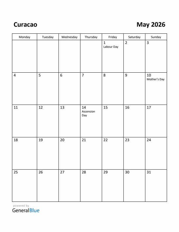 May 2026 Calendar with Curacao Holidays