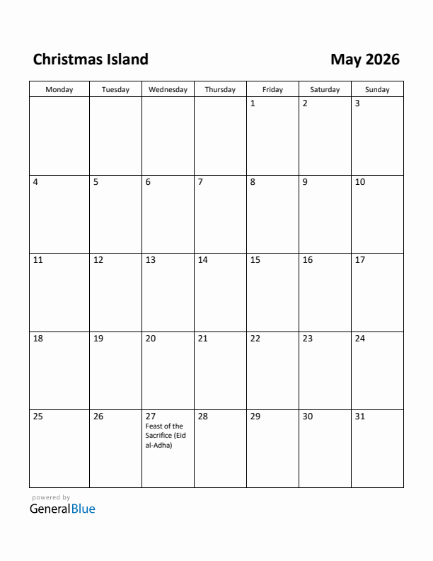 May 2026 Calendar with Christmas Island Holidays