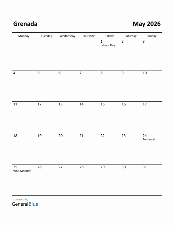 May 2026 Calendar with Grenada Holidays