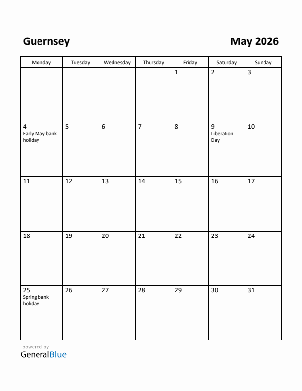 May 2026 Calendar with Guernsey Holidays