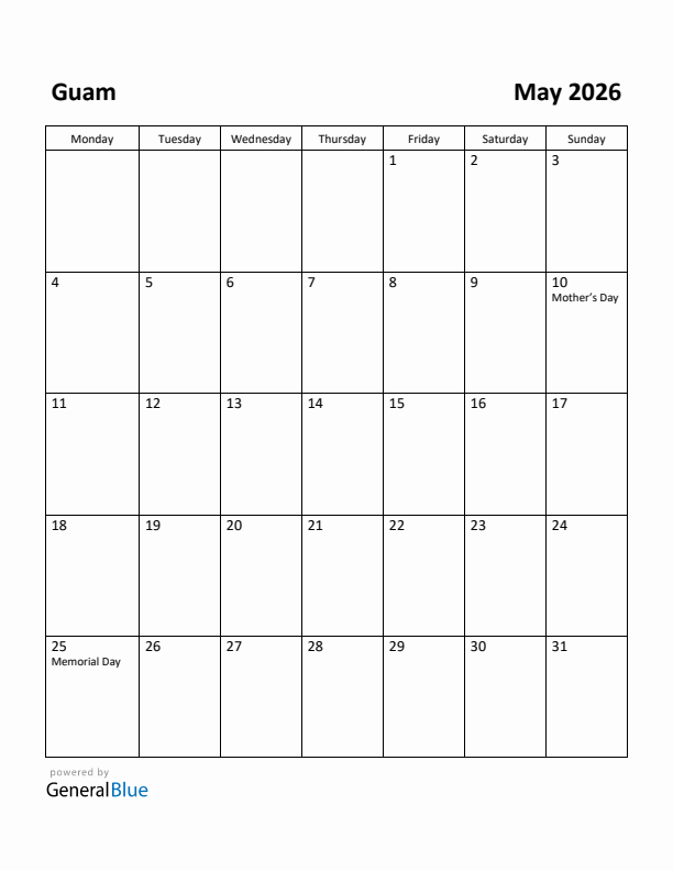 May 2026 Calendar with Guam Holidays