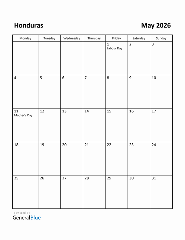 May 2026 Calendar with Honduras Holidays