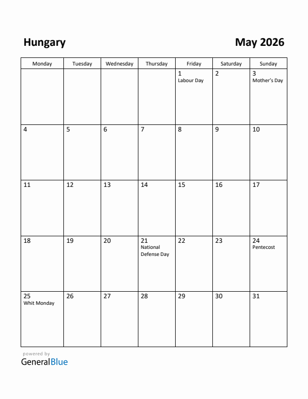 May 2026 Calendar with Hungary Holidays