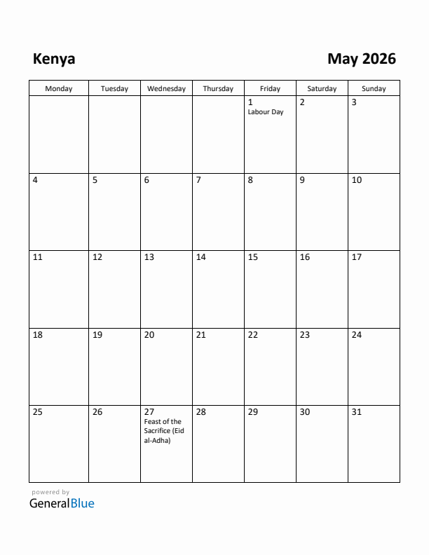 May 2026 Calendar with Kenya Holidays