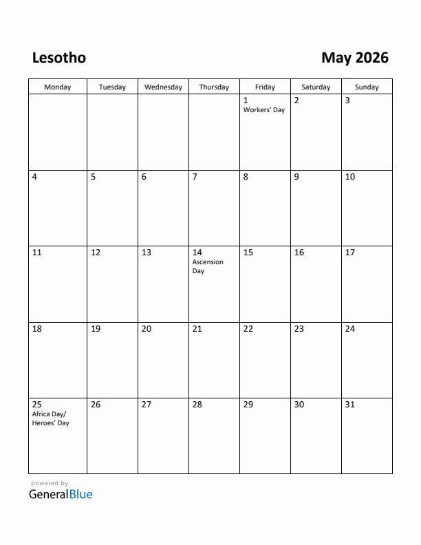 May 2026 Calendar with Lesotho Holidays