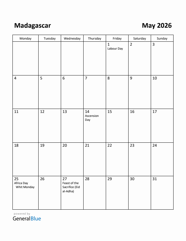 May 2026 Calendar with Madagascar Holidays