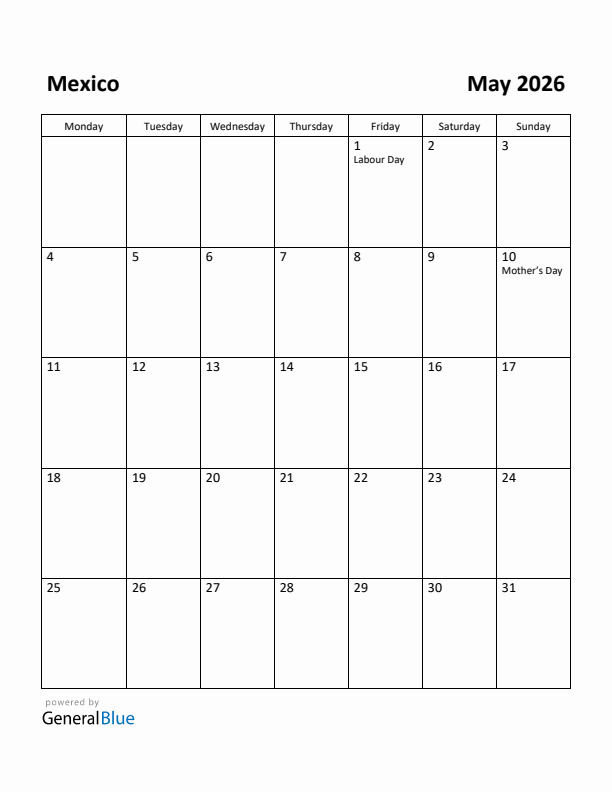 May 2026 Calendar with Mexico Holidays