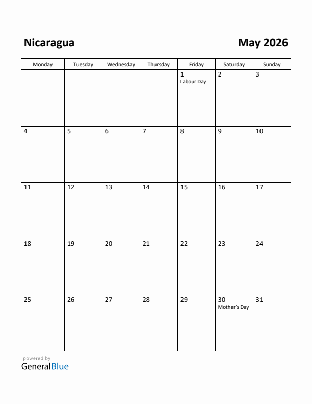 May 2026 Calendar with Nicaragua Holidays