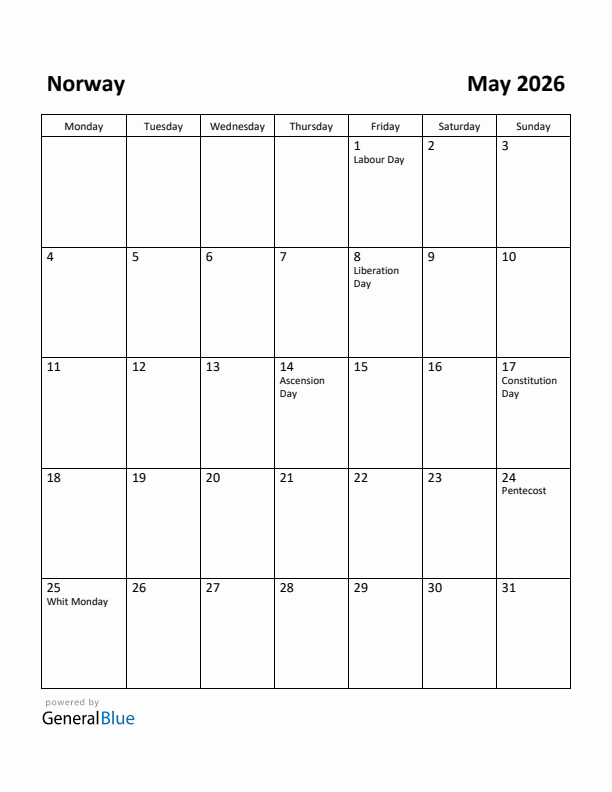 May 2026 Calendar with Norway Holidays