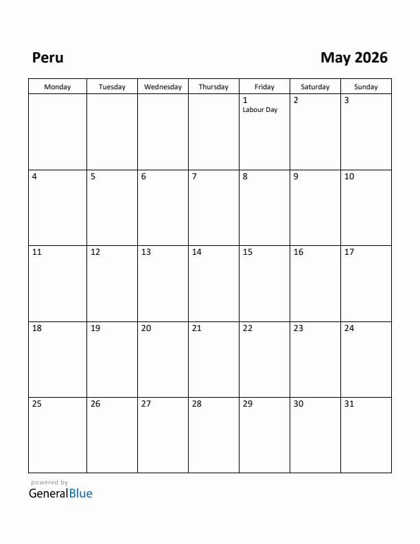 May 2026 Calendar with Peru Holidays