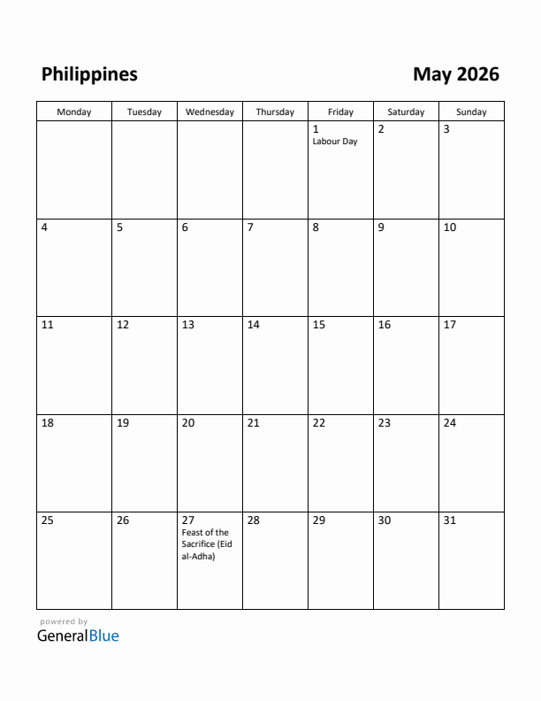 May 2026 Calendar with Philippines Holidays