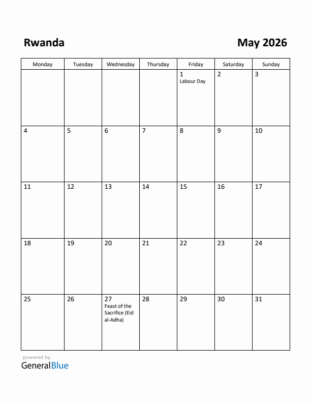 May 2026 Calendar with Rwanda Holidays