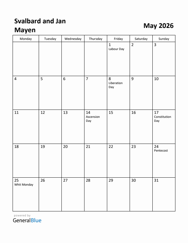 May 2026 Calendar with Svalbard and Jan Mayen Holidays
