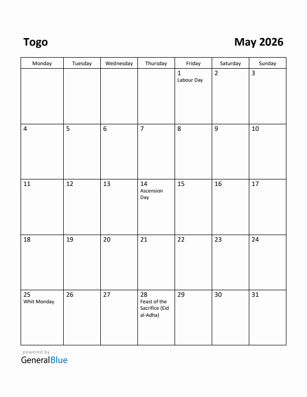 May 2026 Calendar with Togo Holidays