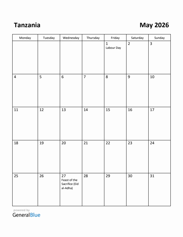 May 2026 Calendar with Tanzania Holidays