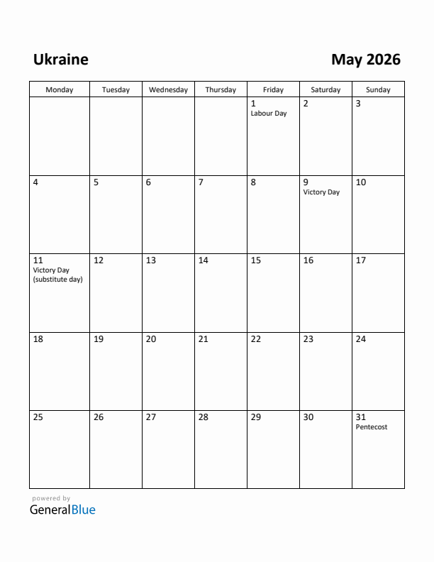 May 2026 Calendar with Ukraine Holidays