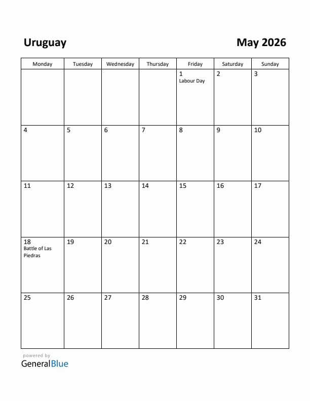May 2026 Calendar with Uruguay Holidays