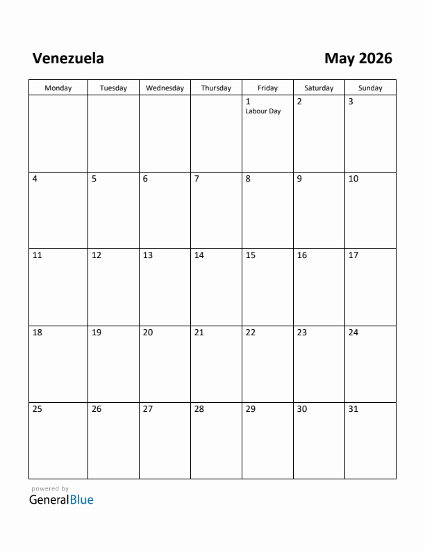 May 2026 Calendar with Venezuela Holidays