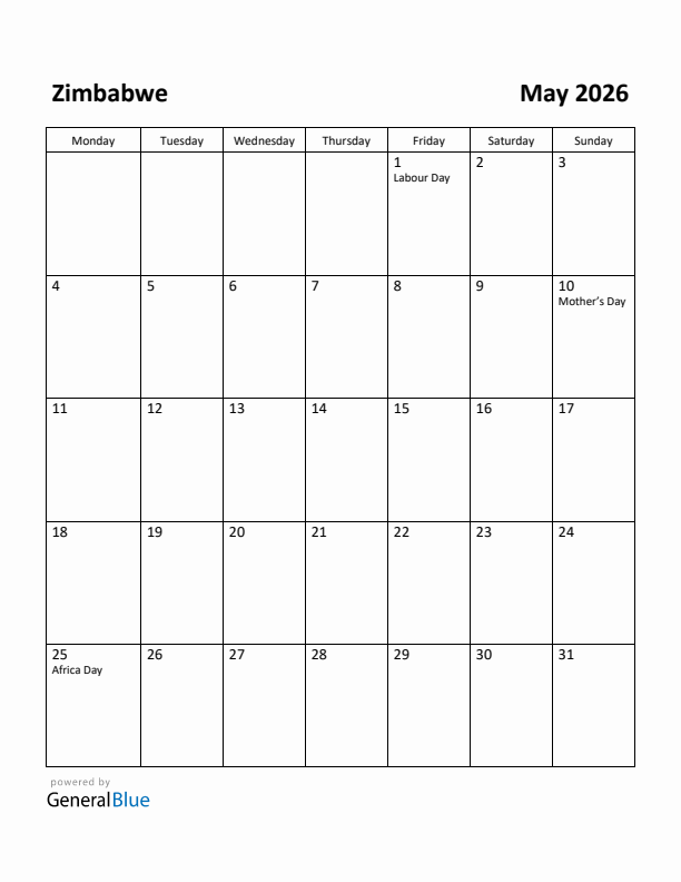 May 2026 Calendar with Zimbabwe Holidays