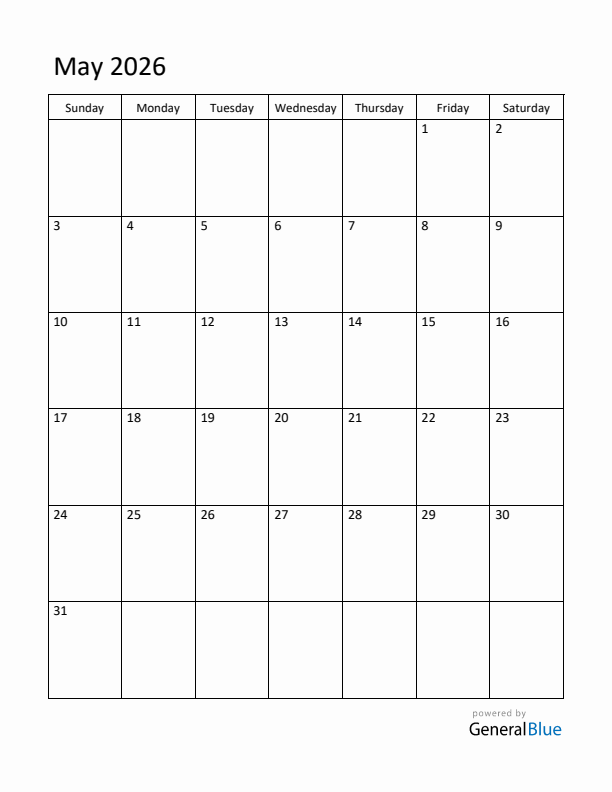 Sunday Start Calendar for May 2026