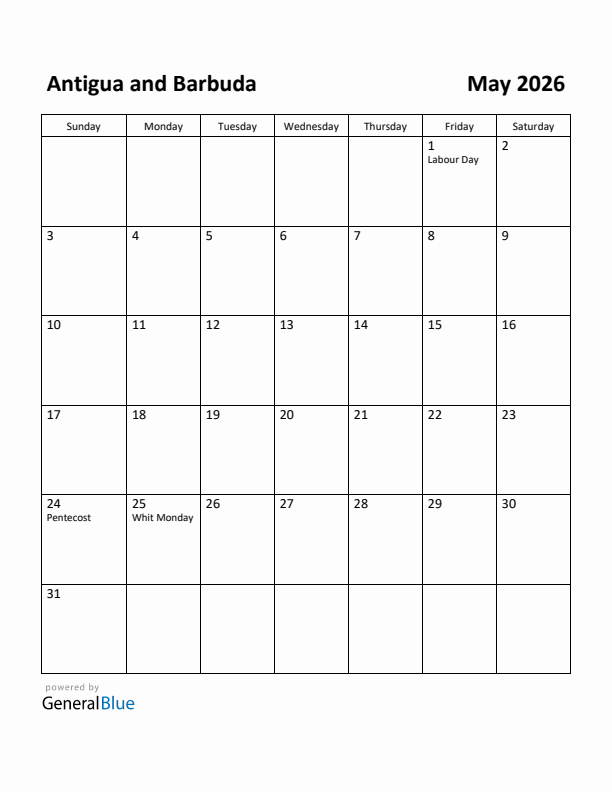 May 2026 Calendar with Antigua and Barbuda Holidays