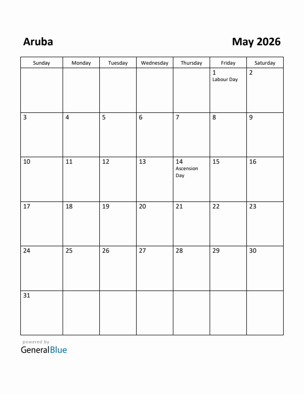 May 2026 Calendar with Aruba Holidays