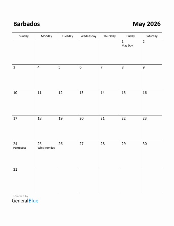 May 2026 Calendar with Barbados Holidays