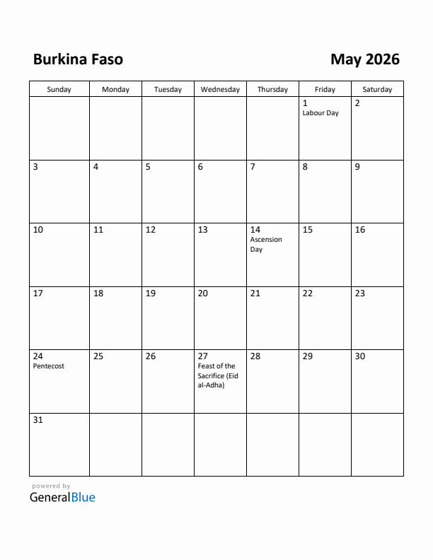 May 2026 Calendar with Burkina Faso Holidays
