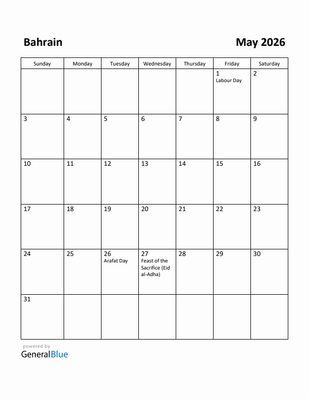 May 2026 Calendar with Bahrain Holidays