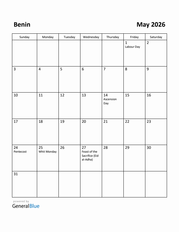 May 2026 Calendar with Benin Holidays
