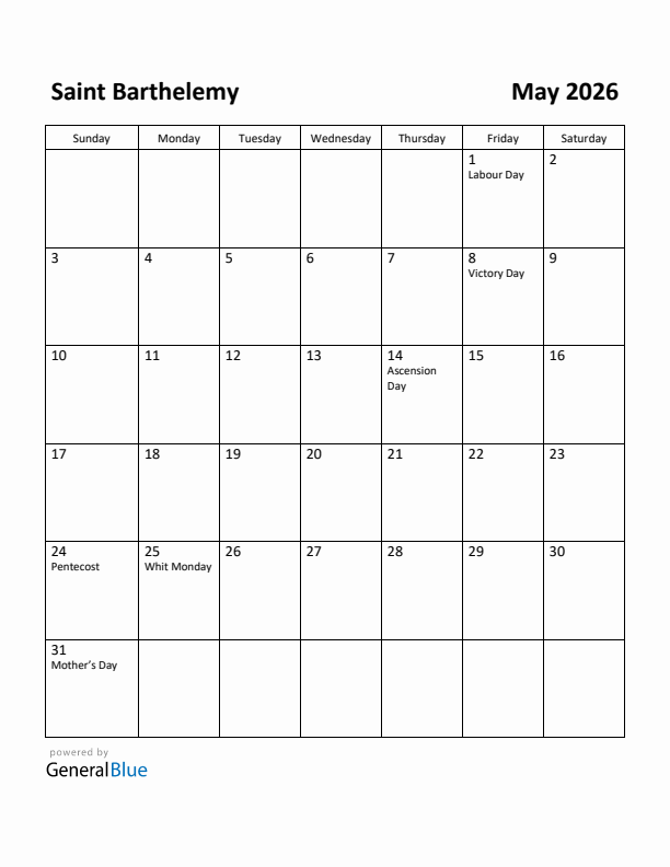 May 2026 Calendar with Saint Barthelemy Holidays