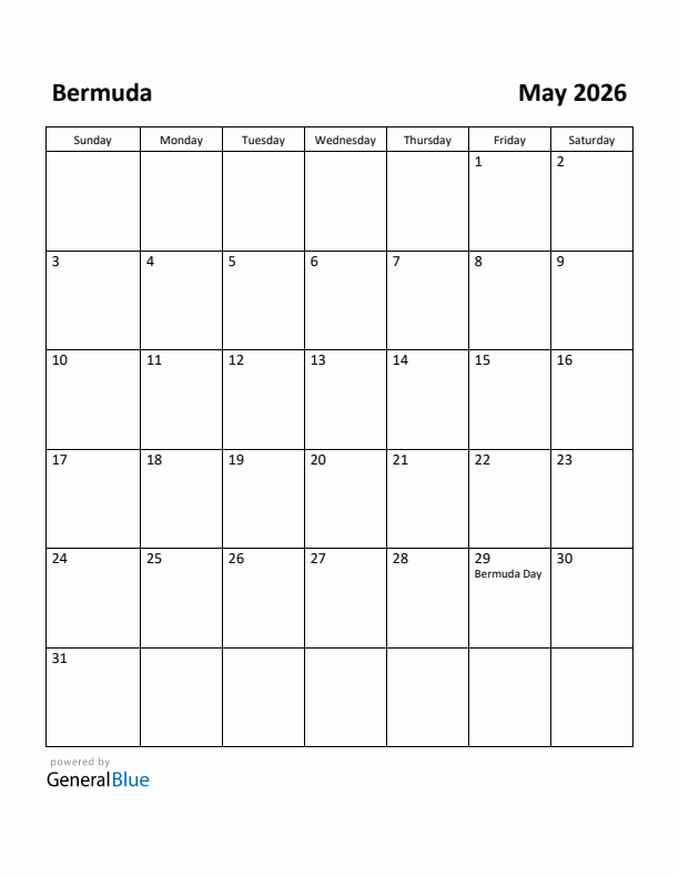 May 2026 Calendar with Bermuda Holidays