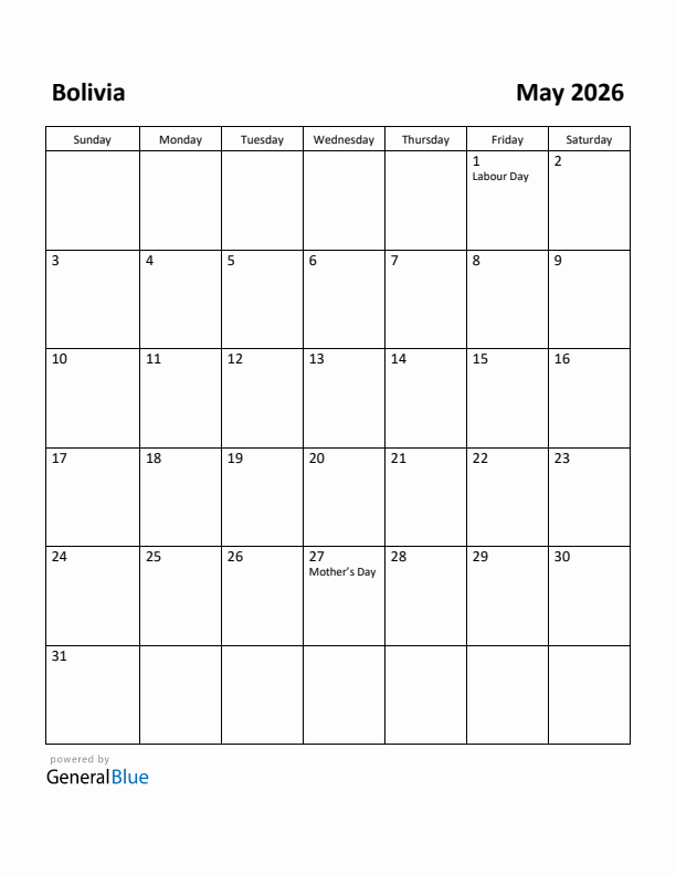 May 2026 Calendar with Bolivia Holidays