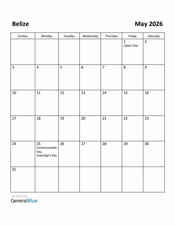 May 2026 Calendar with Belize Holidays