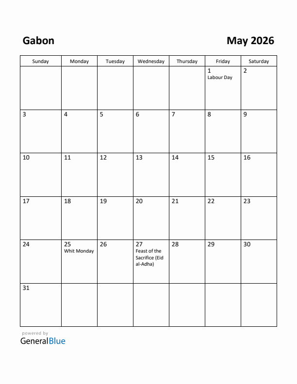May 2026 Calendar with Gabon Holidays