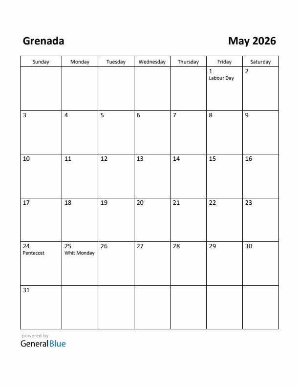 May 2026 Calendar with Grenada Holidays