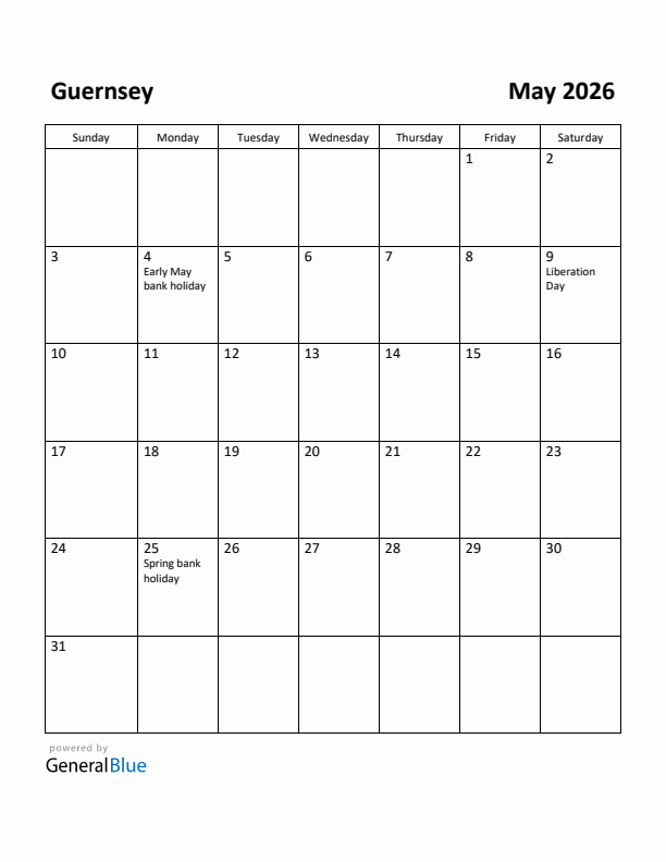 May 2026 Calendar with Guernsey Holidays