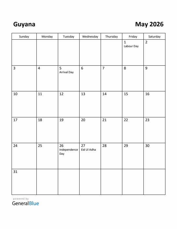 May 2026 Calendar with Guyana Holidays