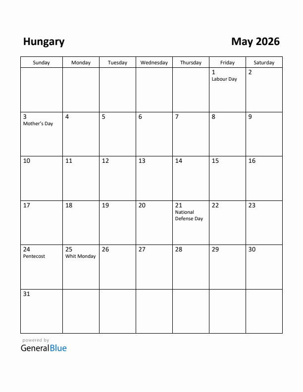 May 2026 Calendar with Hungary Holidays