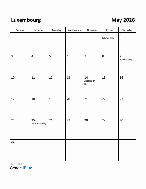 May 2026 Calendar with Luxembourg Holidays
