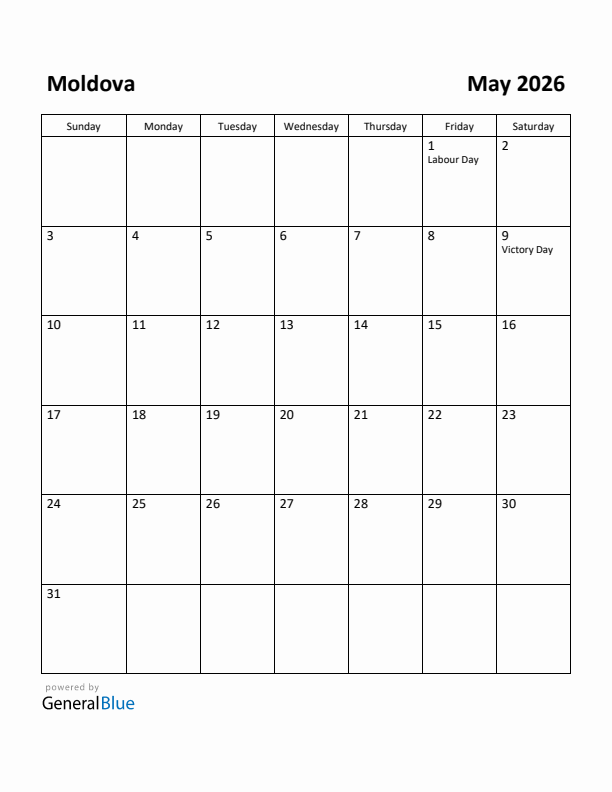 May 2026 Calendar with Moldova Holidays