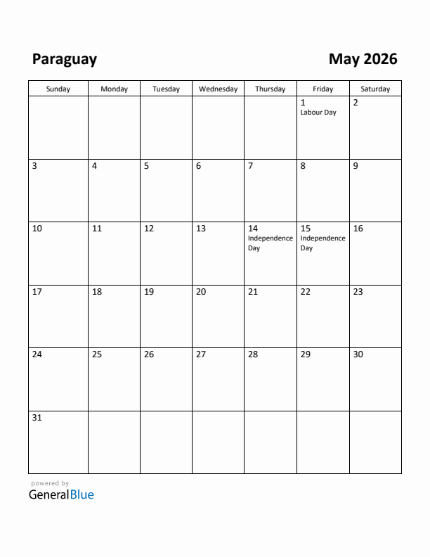 May 2026 Calendar with Paraguay Holidays
