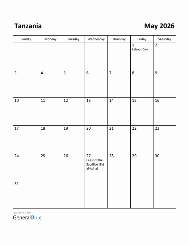 May 2026 Calendar with Tanzania Holidays