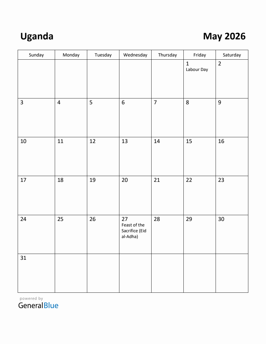 Free Printable May 2026 Calendar For Uganda