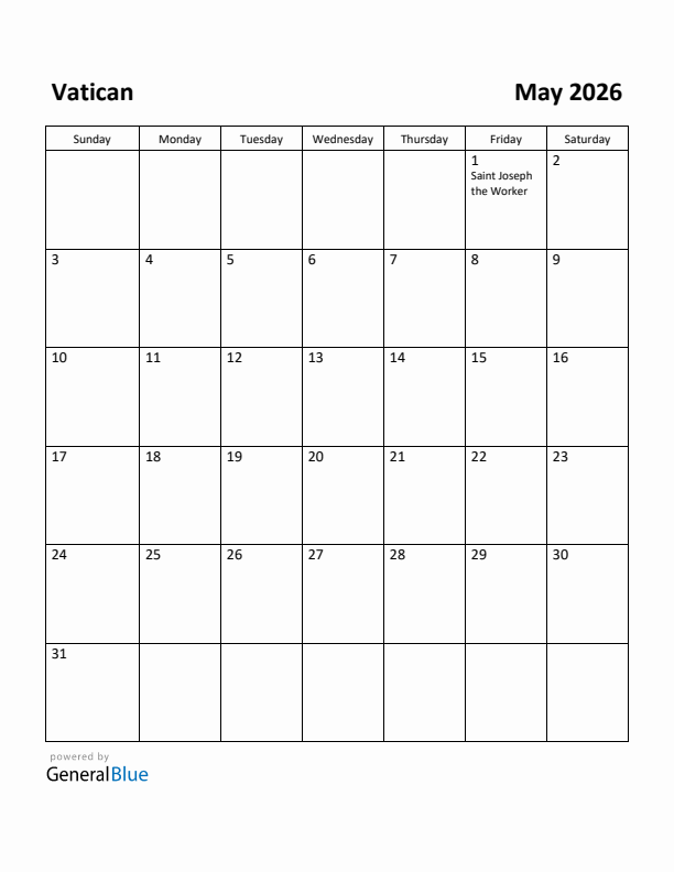 May 2026 Calendar with Vatican Holidays