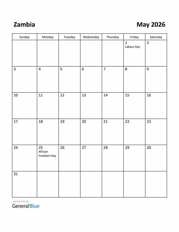 May 2026 Calendar with Zambia Holidays