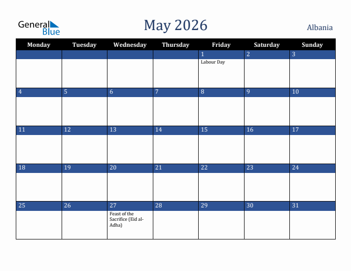 May 2026 Albania Calendar (Monday Start)