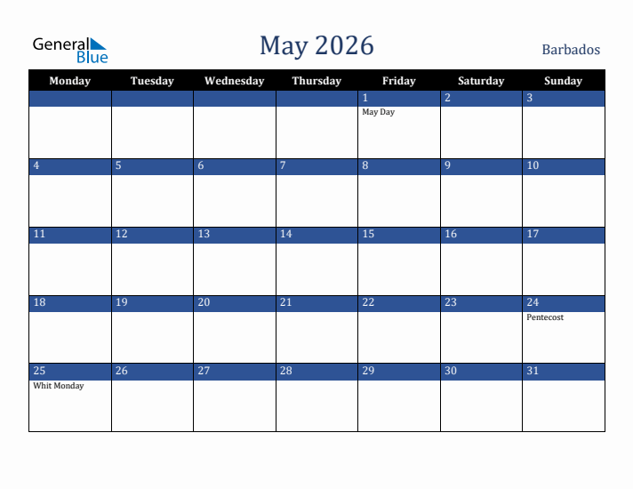 May 2026 Barbados Calendar (Monday Start)